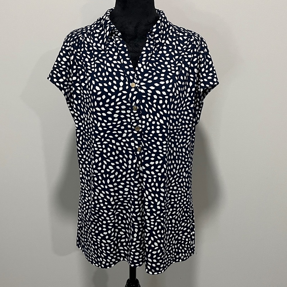 Chapter Club Short Sleeve Blouse, Navy Blue & White, Size XXL